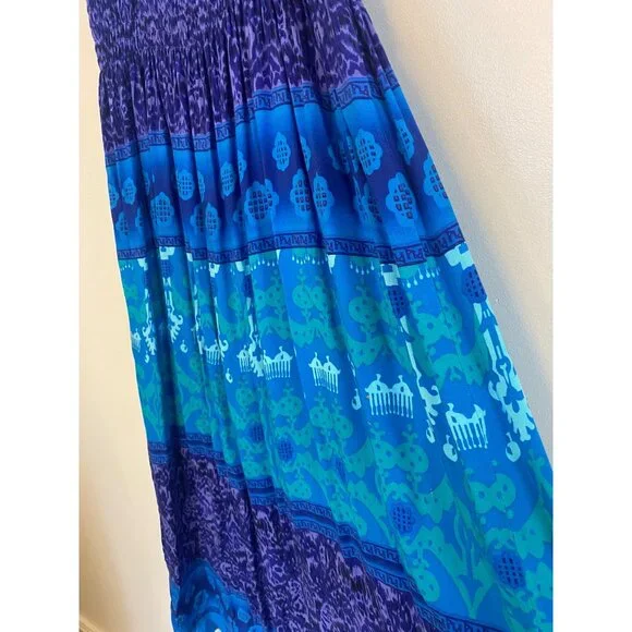 Vintage Karin Stevens Women’s Blue & Teal Smocked Maxi Dress Size 12 Sleeveless - Picture 3 of 5